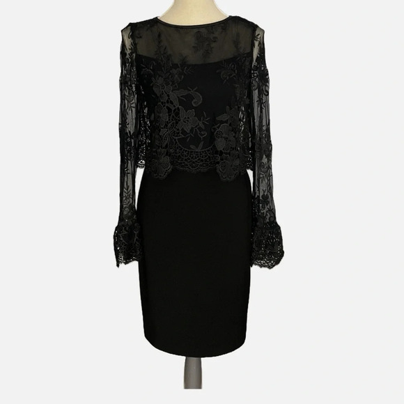 Joseph Ribkoff Dress Midi Floral Lace Overlay Black Size 4 Event Cocktail Sheer - Picture 2 of 14